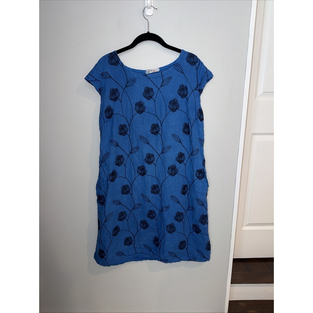 Made In Italy Linen Dress Sz 3xl Embroidered Floral Pockets Fits Like Xl Stretch